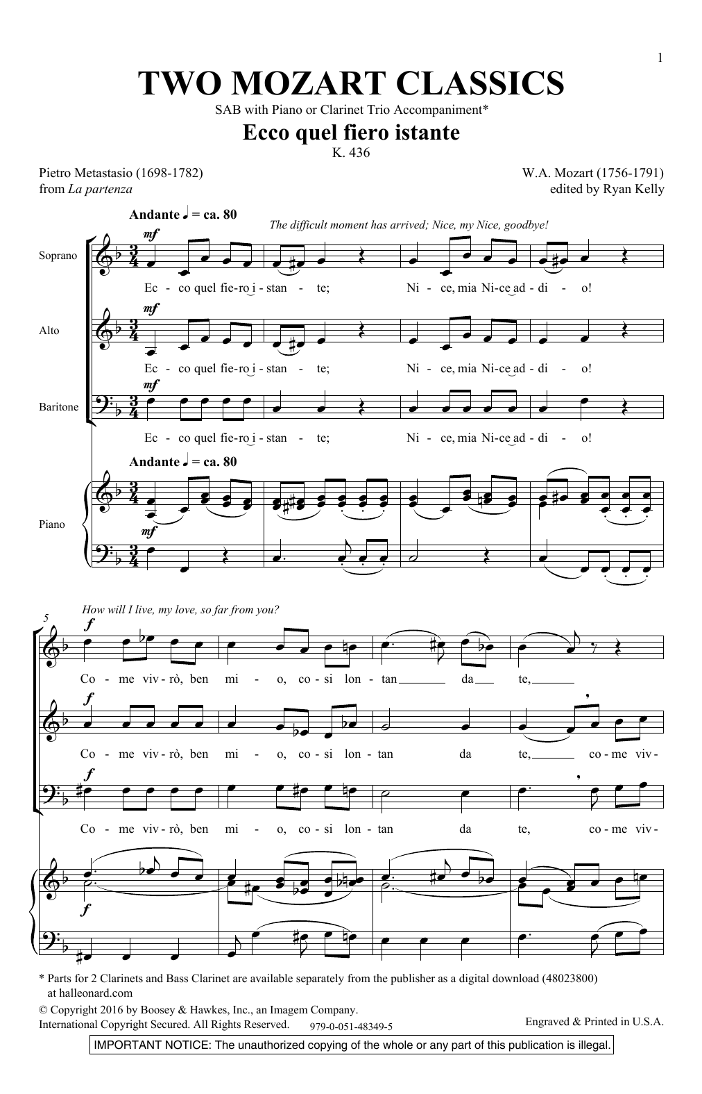 Download Ryan Kelly Two Mozart Classics Sheet Music and learn how to play SAB PDF digital score in minutes