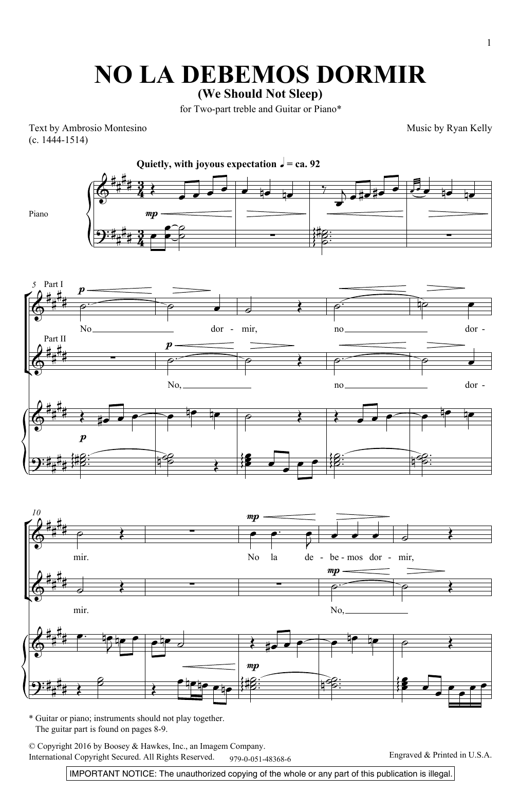 Download Ryan Kelly We Should Not Sleep Sheet Music and learn how to play 2-Part Choir PDF digital score in minutes