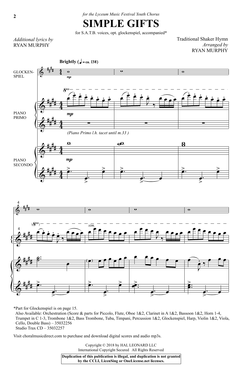 Download Ryan Murphy Simple Gifts Sheet Music and learn how to play SATB Choir PDF digital score in minutes