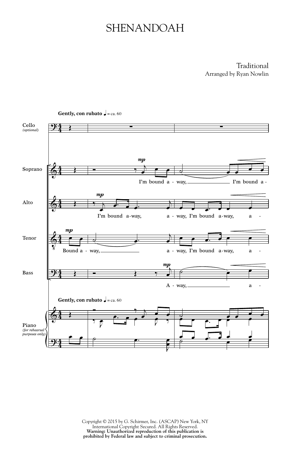 Download Ryan Nowlin Shenandoah Sheet Music and learn how to play Cello PDF digital score in minutes