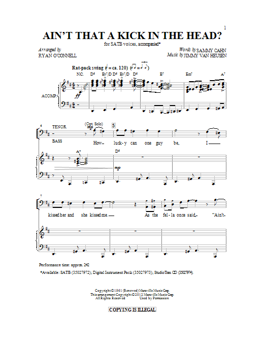 Download Ryan O'Connell Ain't That A Kick In The Head Sheet Music and learn how to play SATB PDF digital score in minutes