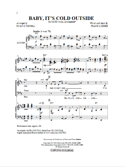 Download Ryan O'Connell Baby, It's Cold Outside Sheet Music and learn how to play SATB PDF digital score in minutes