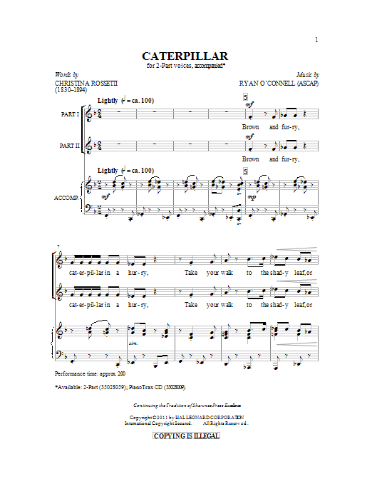 Download Ryan O'Connell Caterpillar Sheet Music and learn how to play 2-Part Choir PDF digital score in minutes