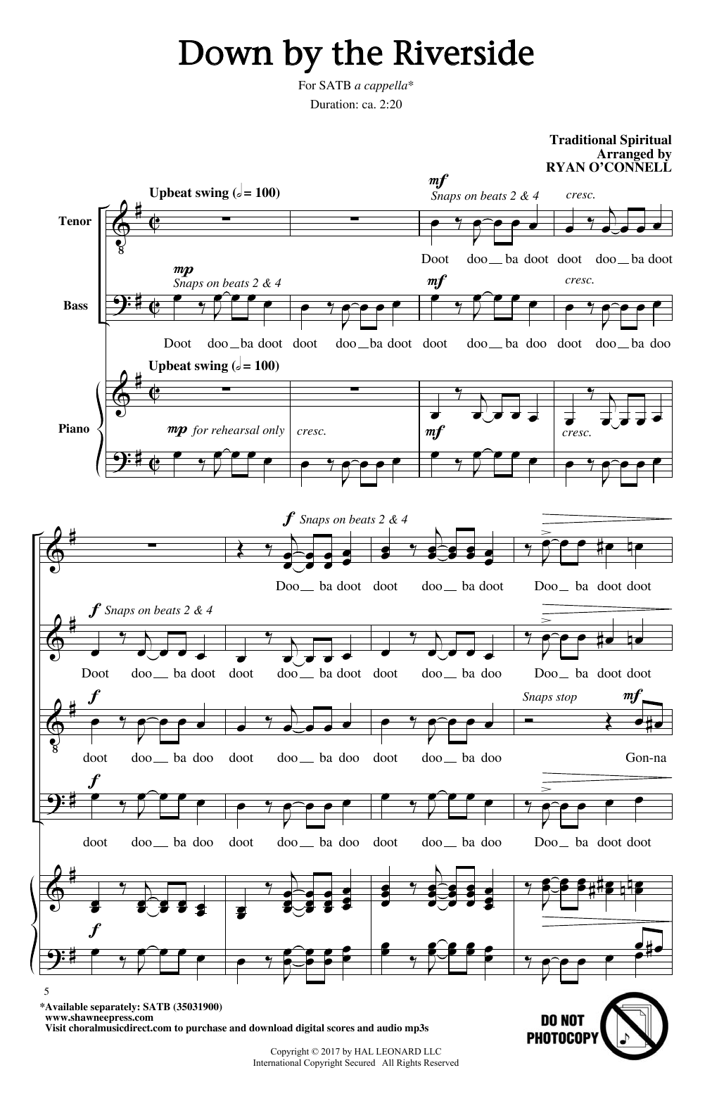 Download Ryan O'Connell Down By The Riverside Sheet Music and learn how to play SATB PDF digital score in minutes