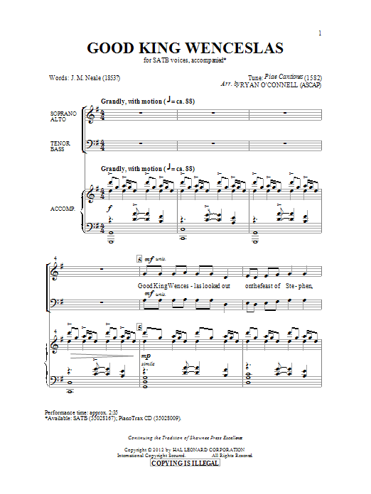 Download Ryan O'Connell Good King Wenceslas Sheet Music and learn how to play SATB PDF digital score in minutes