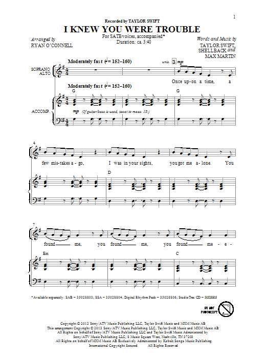 Download Taylor Swift I Knew You Were Trouble. (arr. Ryan O'Connell) Sheet Music and learn how to play SAB PDF digital score in minutes