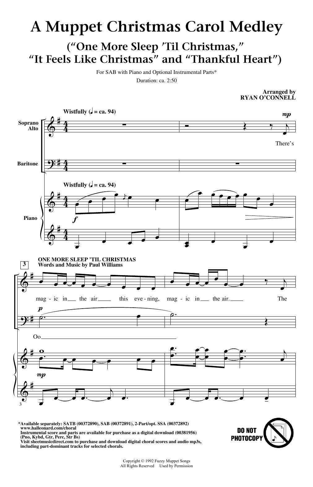 Download Ryan O'Connell Muppet Christmas Carol Medley (from The Muppet Christmas Carol) Sheet Music and learn how to play SAB Choir PDF digital score in minutes