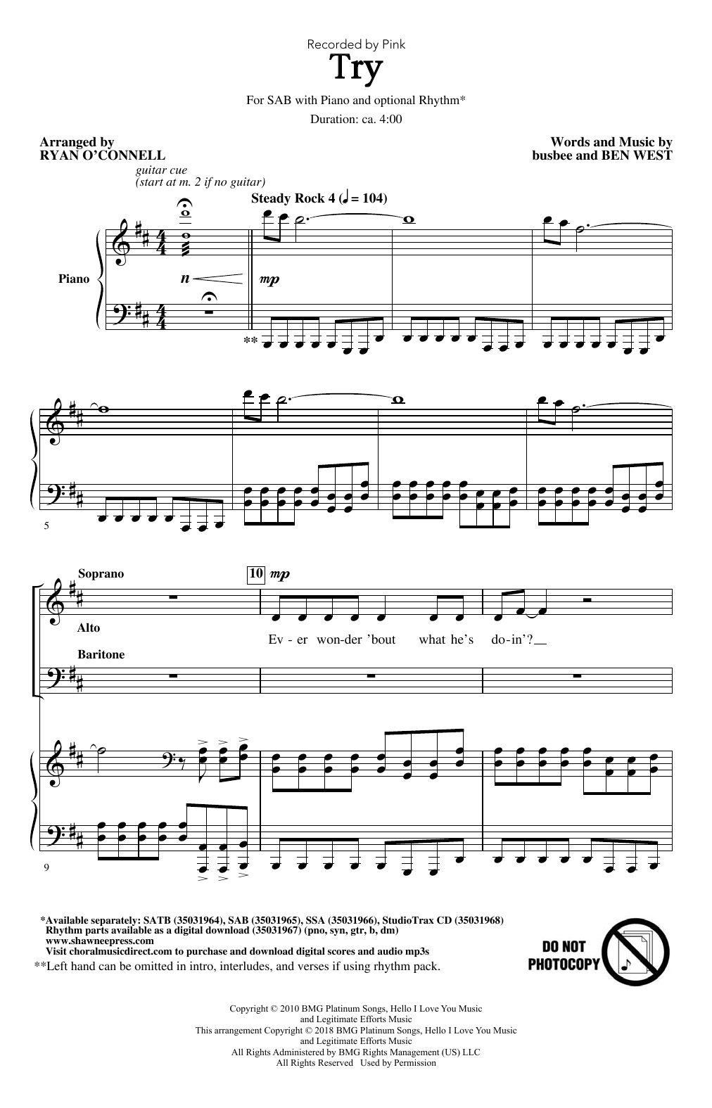 Download Ryan O'Connell Try Sheet Music and learn how to play SAB PDF digital score in minutes