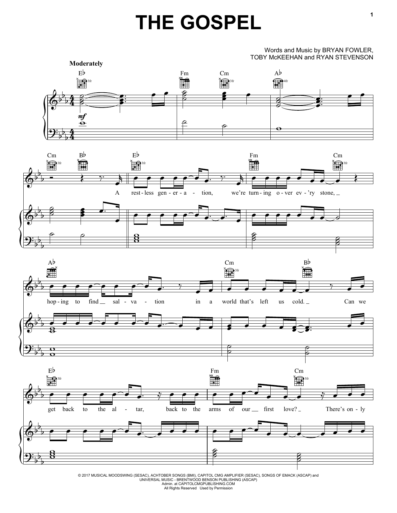 Download Ryan Stevenson The Gospel Sheet Music and learn how to play Piano, Vocal & Guitar (Right-Hand Melody) PDF digital score in minutes