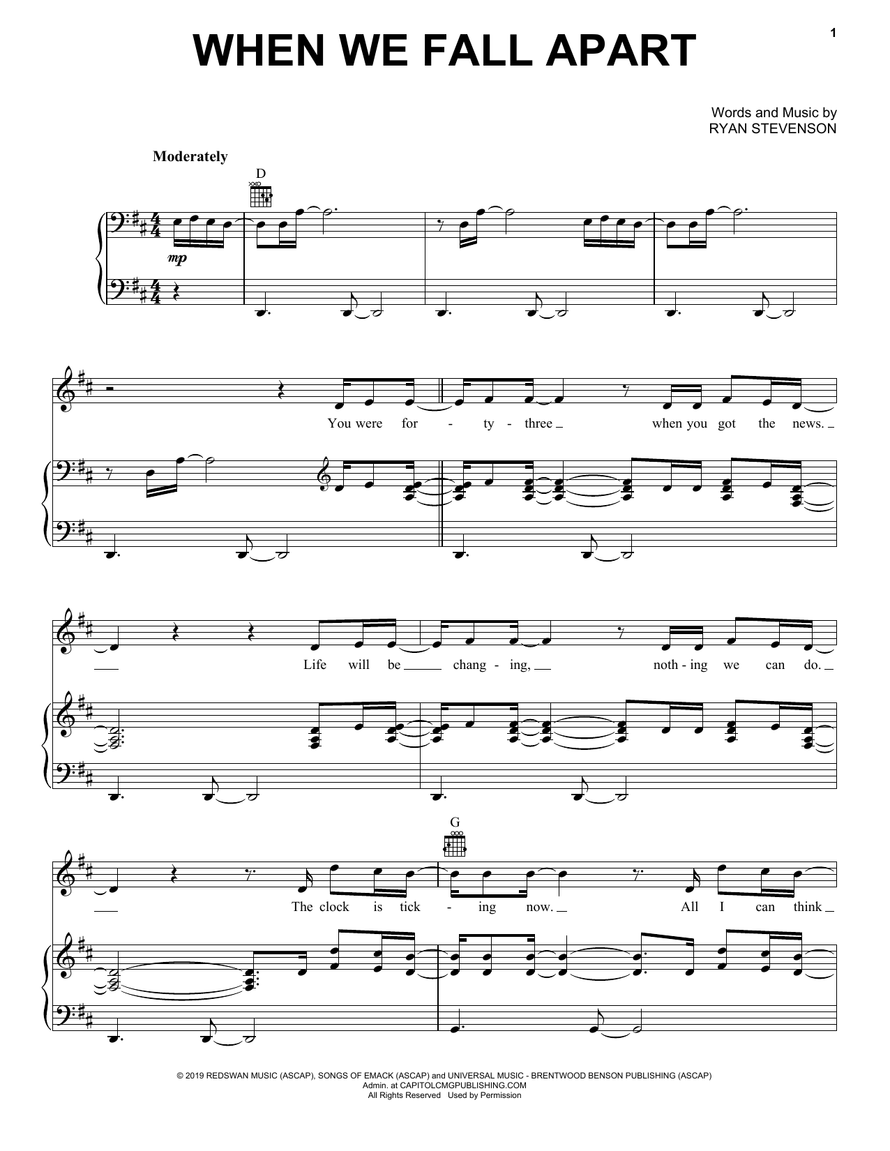 Download Ryan Stevenson When We Fall Apart Sheet Music and learn how to play Piano, Vocal & Guitar Chords (Right-Hand Melody) PDF digital score in minutes