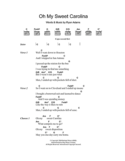 Download Ryan Adams Oh My Sweet Carolina Sheet Music and learn how to play Lyrics & Chords PDF digital score in minutes