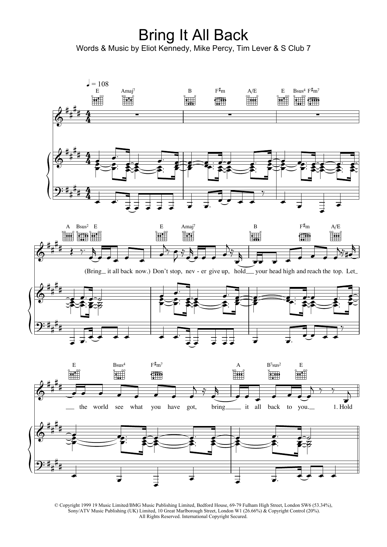 Download S Club 7 Bring It All Back Sheet Music and learn how to play Piano, Vocal & Guitar PDF digital score in minutes