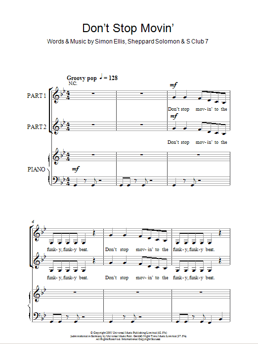 Download S Club 7 Don't Stop Movin' Sheet Music and learn how to play 2-Part Choir PDF digital score in minutes