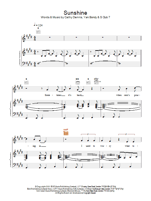 Download S Club 7 Sunshine Sheet Music and learn how to play Piano, Vocal & Guitar PDF digital score in minutes