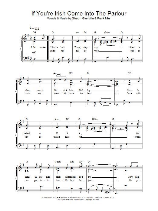 Download Shaun Glenville If You're Irish Come Into The Parlour Sheet Music and learn how to play Piano, Vocal & Guitar (Right-Hand Melody) PDF digital score in minutes