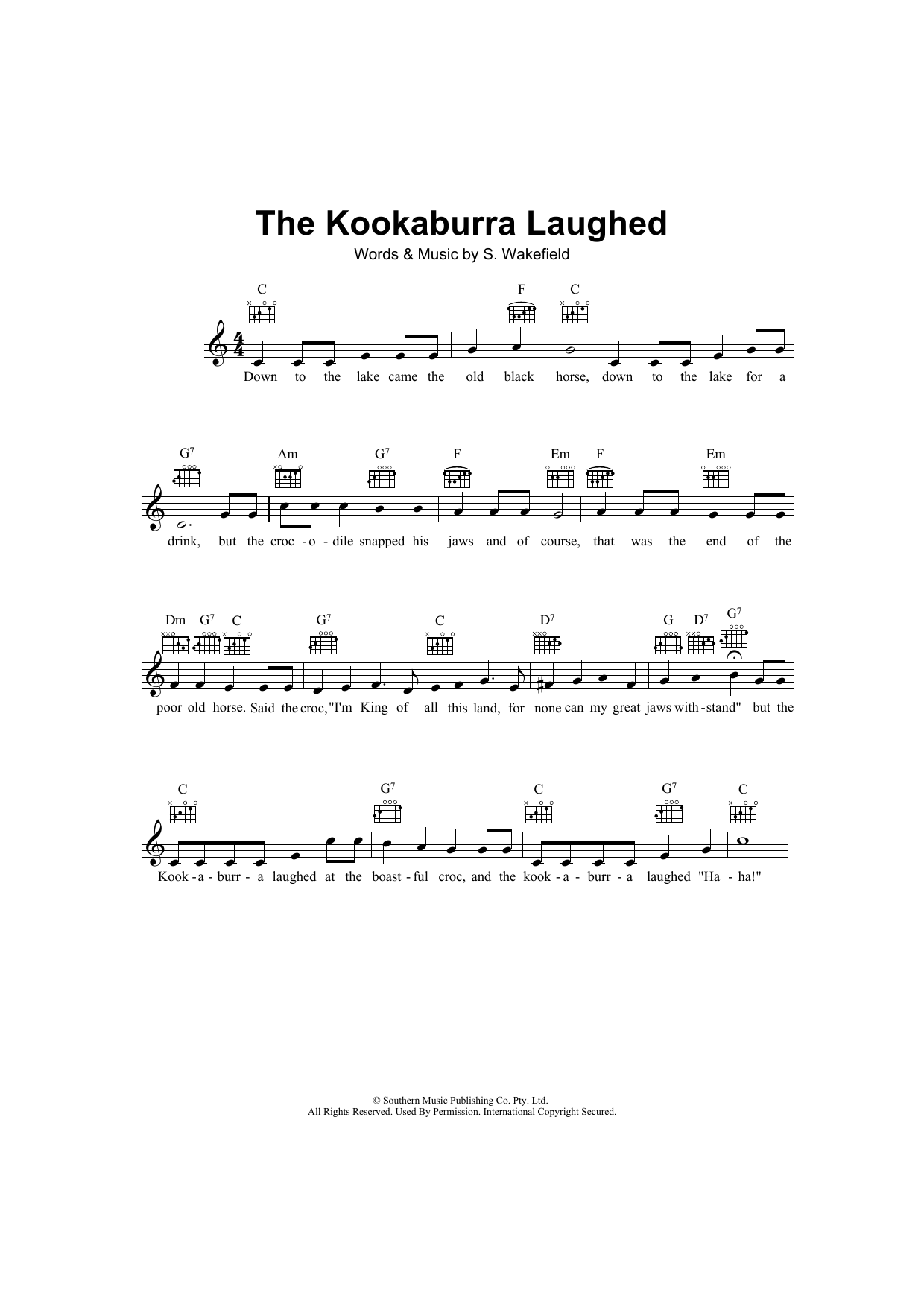 Download S. Wakefield The Kookaburra Laughed Sheet Music and learn how to play Melody Line, Lyrics & Chords PDF digital score in minutes