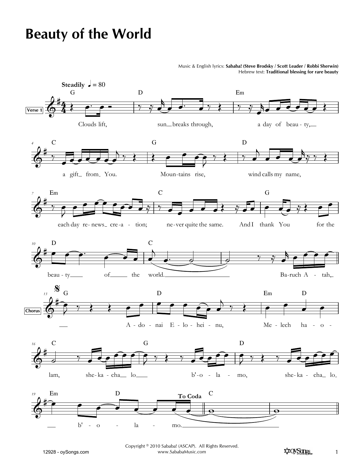 Download Sababa Beauty of the World Sheet Music and learn how to play Melody Line, Lyrics & Chords PDF digital score in minutes