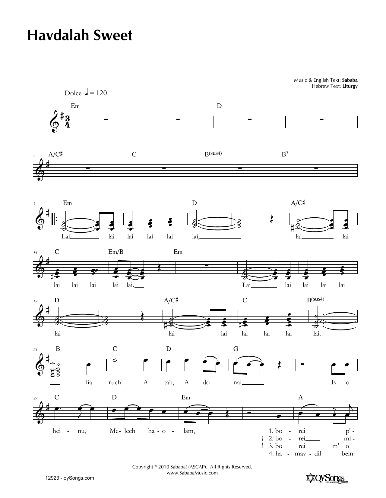 Download Sababa Havdalah Sweet Sheet Music and learn how to play Melody Line, Lyrics & Chords PDF digital score in minutes