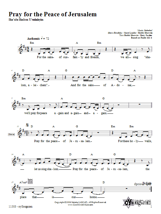Download Sababa Pray for the Peace of Jerusalem Sheet Music and learn how to play Melody Line, Lyrics & Chords PDF digital score in minutes