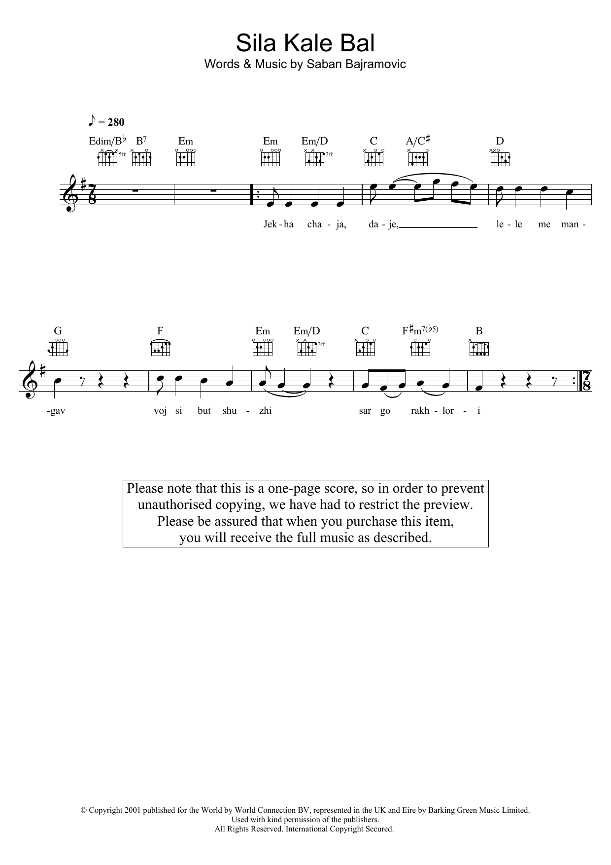 Download Saban Bajramovic Sila Kale Bal Sheet Music and learn how to play Melody Line, Lyrics & Chords PDF digital score in minutes
