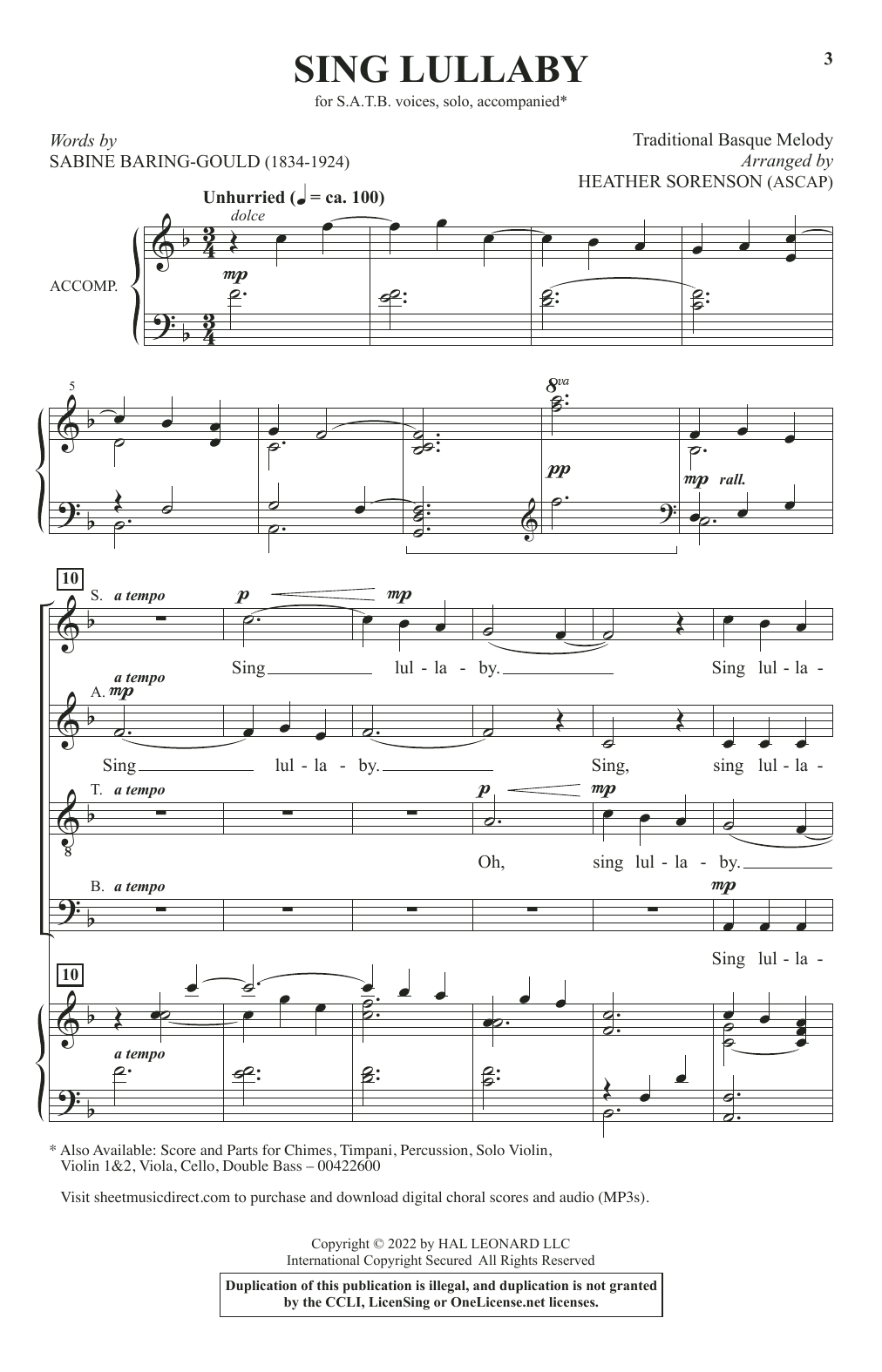 Download Sabine-Baring Gould Sing Lullaby (arr. Heather Sorenson) Sheet Music and learn how to play SATB Choir PDF digital score in minutes
