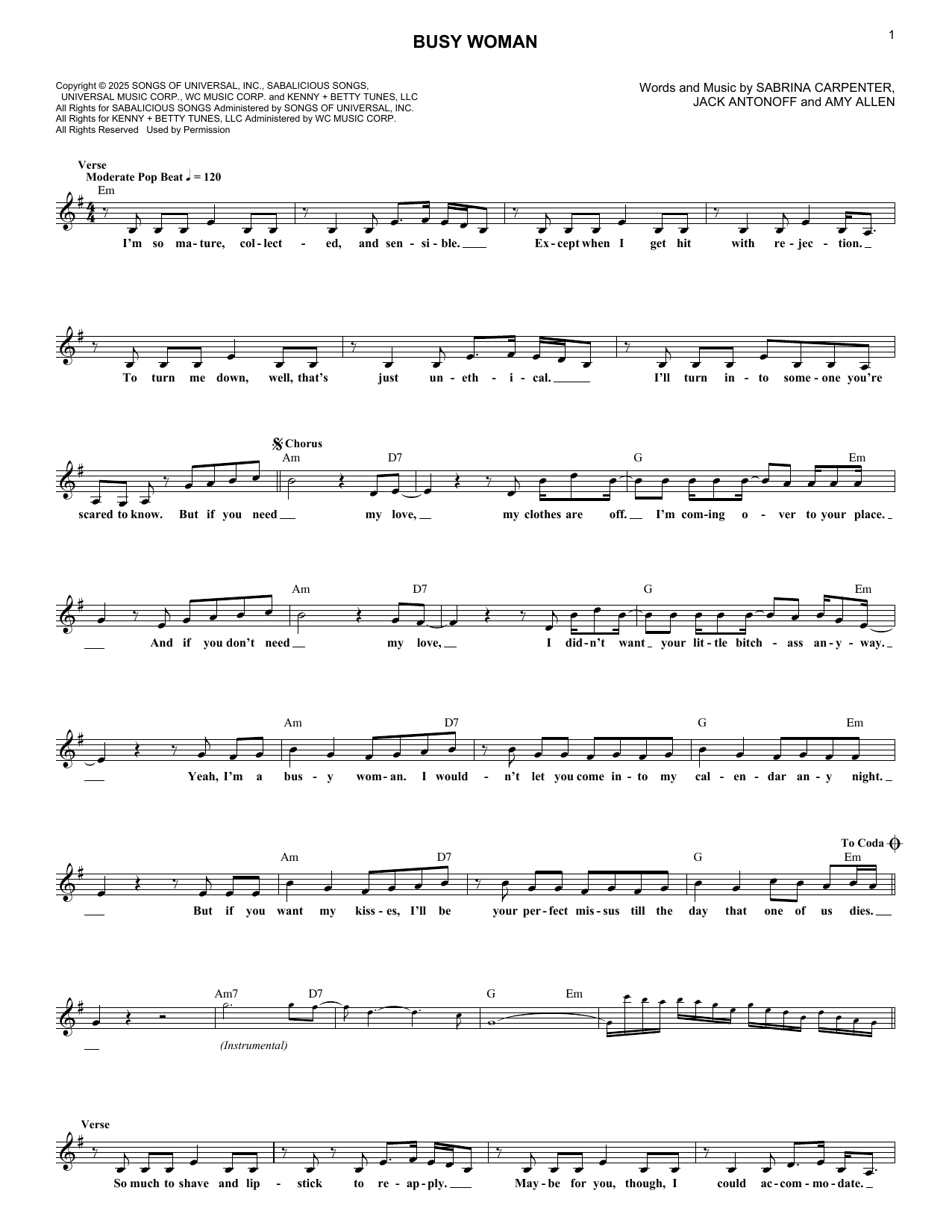 Download Sabrina Carpenter Busy Woman Sheet Music and learn how to play Lead Sheet / Fake Book PDF digital score in minutes