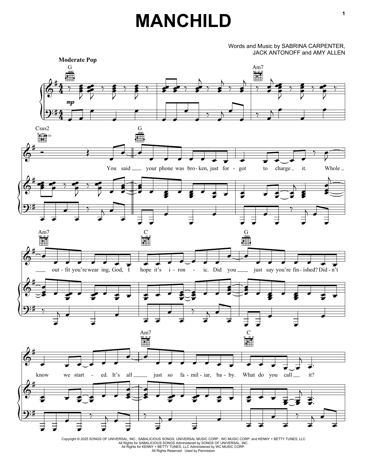 Download Sabrina Carpenter Manchild Sheet Music and learn how to play Piano, Vocal & Guitar Chords (Right-Hand Melody) PDF digital score in minutes
