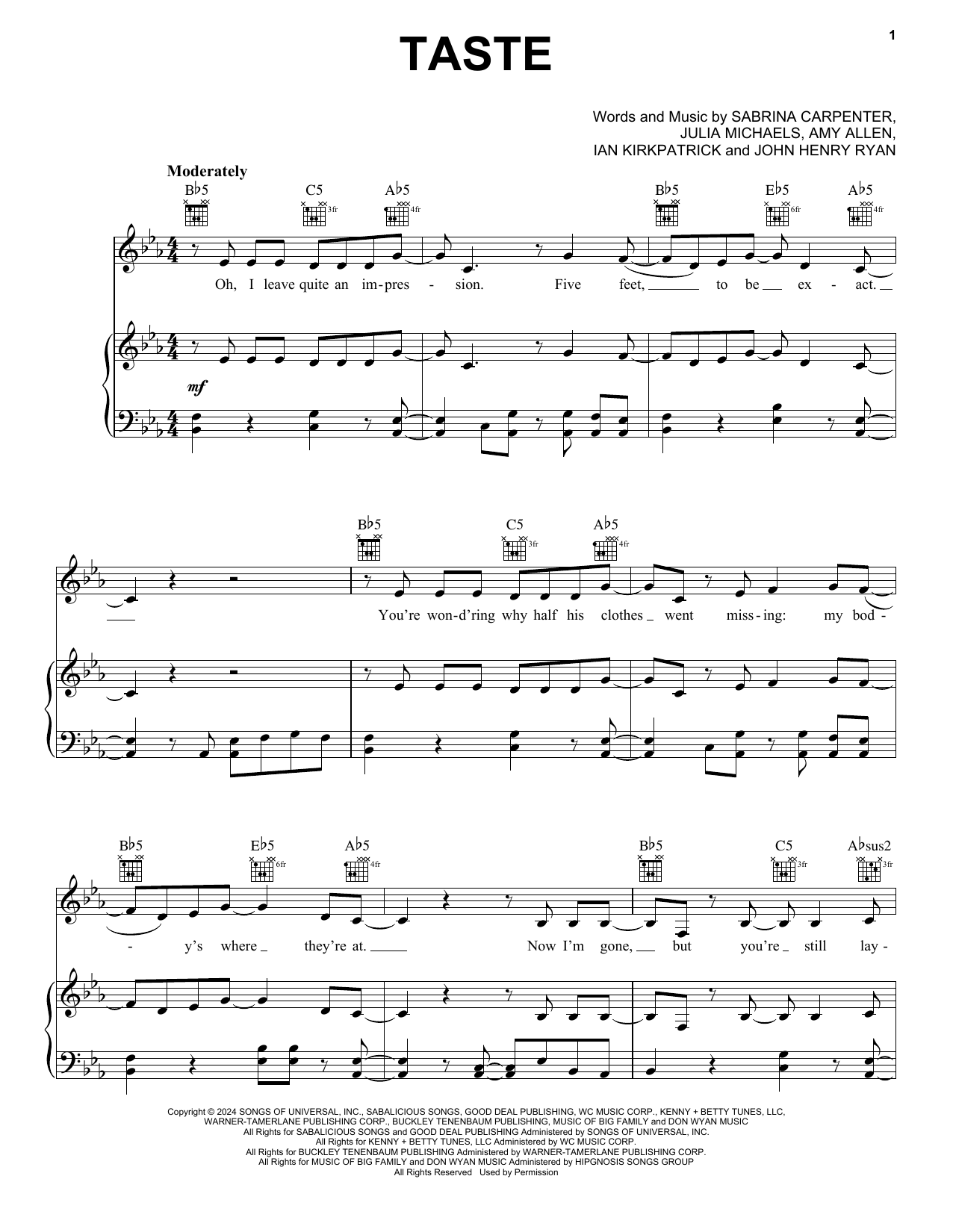 Download Sabrina Carpenter Taste Sheet Music and learn how to play Piano, Vocal & Guitar Chords (Right-Hand Melody) PDF digital score in minutes