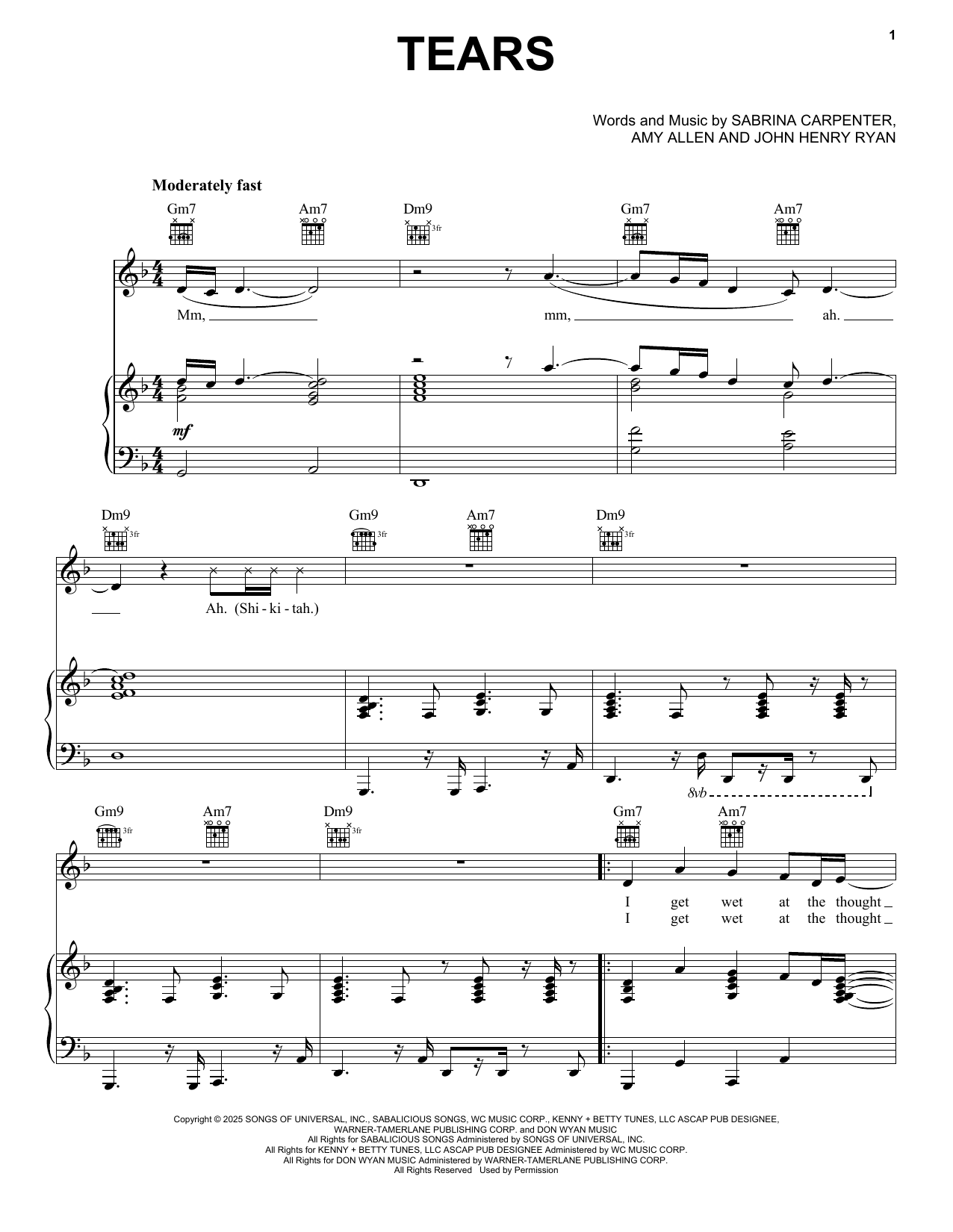 Download Sabrina Carpenter Tears Sheet Music and learn how to play Piano, Vocal & Guitar Chords (Right-Hand Melody) PDF digital score in minutes