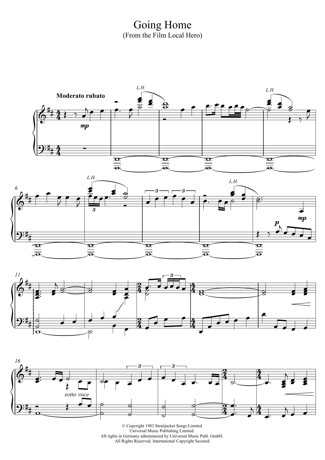 Download Sacha Puttnam Going Home (Theme from 'Local Hero') (as performed by Sacha Puttnam) Sheet Music and learn how to play Piano PDF digital score in minutes
