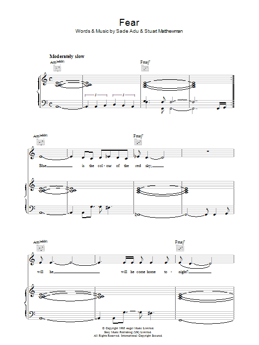 Download Sade Fear Sheet Music and learn how to play Piano, Vocal & Guitar PDF digital score in minutes