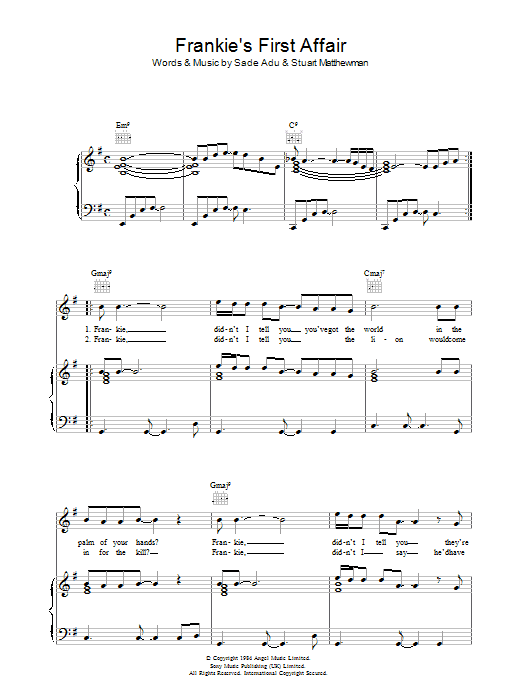 Download Sade Frankie's First Affair Sheet Music and learn how to play Piano, Vocal & Guitar (Right-Hand Melody) PDF digital score in minutes