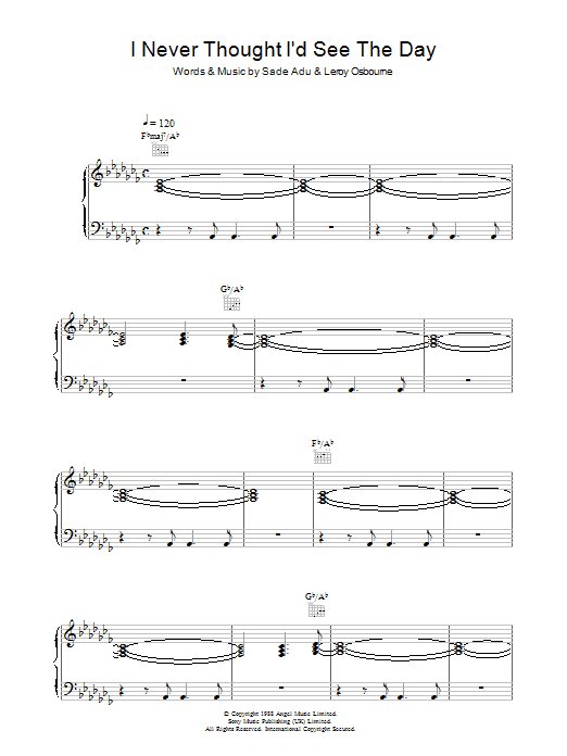 Download Sade I Never Thought I'd See The Day Sheet Music and learn how to play Piano, Vocal & Guitar PDF digital score in minutes