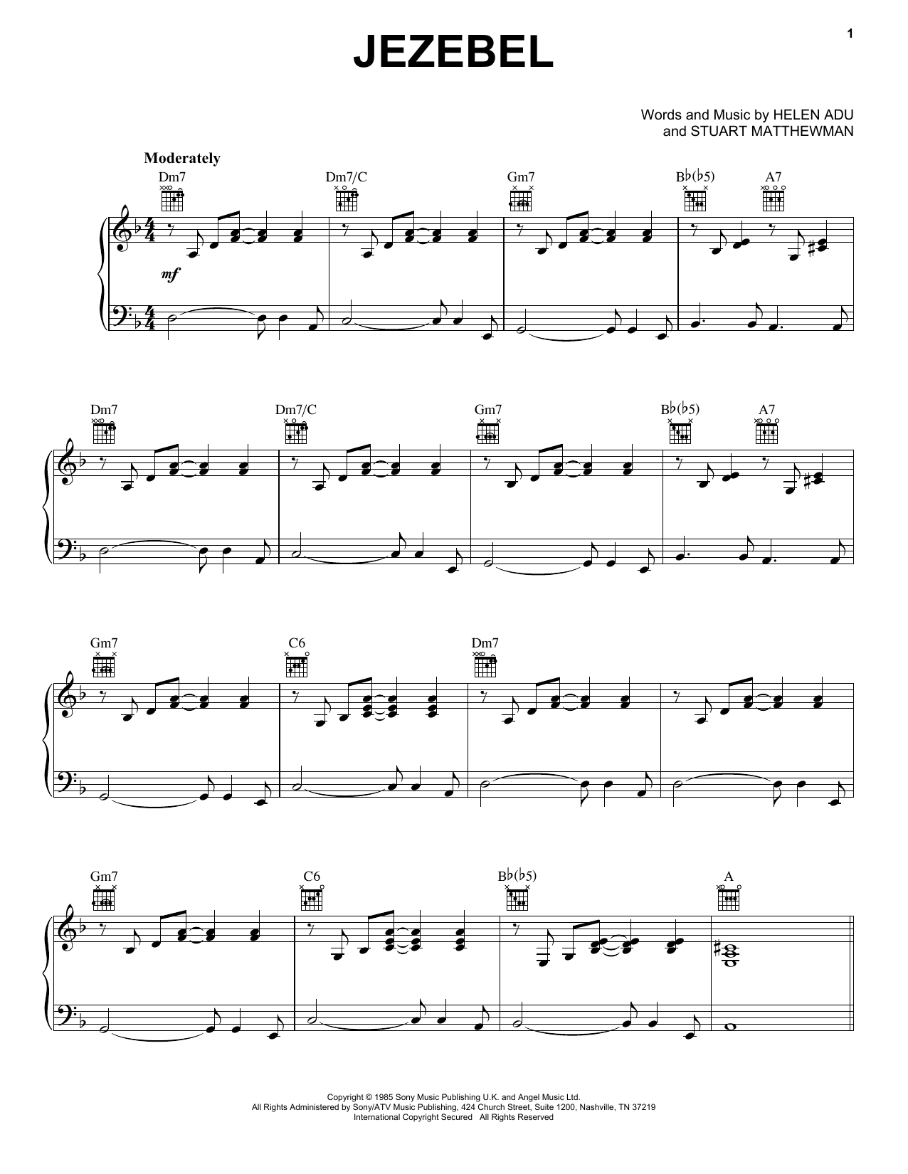 Download Sade Jezebel Sheet Music and learn how to play Piano, Vocal & Guitar Chords (Right-Hand Melody) PDF digital score in minutes