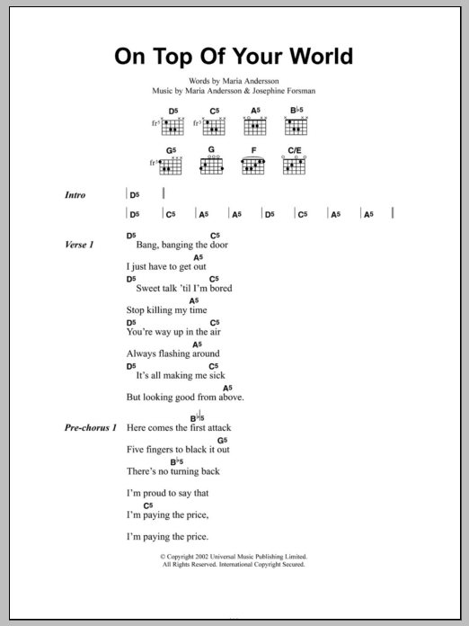 Download Sahara Hotnights On Top Of Your World Sheet Music and learn how to play Lyrics & Chords PDF digital score in minutes