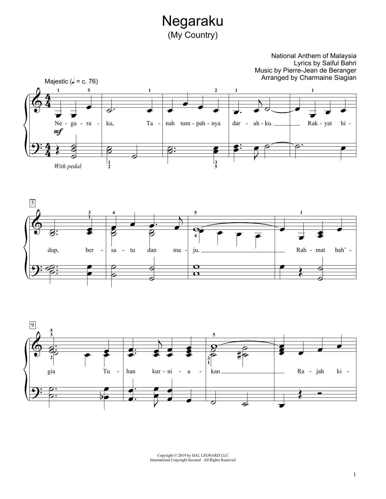 Download Saiful Bahri My Country (Negaraku) (arr. Charmaine Siagian) Sheet Music and learn how to play Educational Piano PDF digital score in minutes