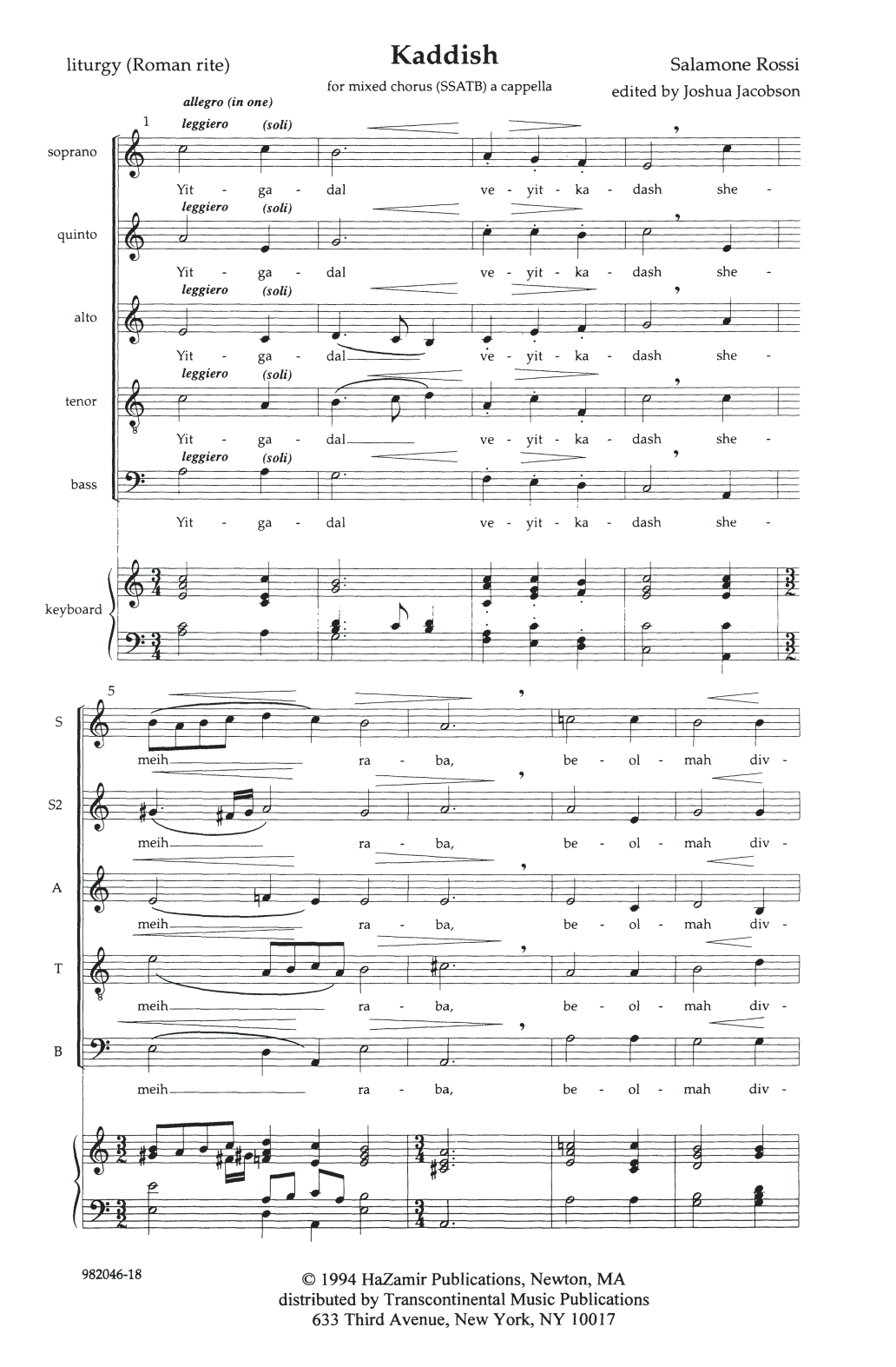 Download Salamone Rossi Kaddish Sheet Music and learn how to play SSATB Choir PDF digital score in minutes
