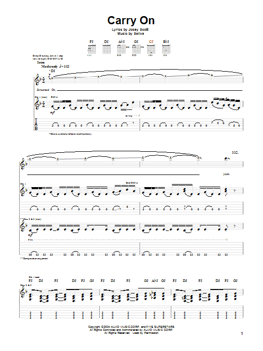 Download Saliva Carry On Sheet Music and learn how to play Guitar Tab PDF digital score in minutes