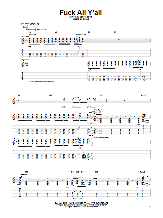 Download Saliva F*** All Y'all Sheet Music and learn how to play Guitar Tab PDF digital score in minutes