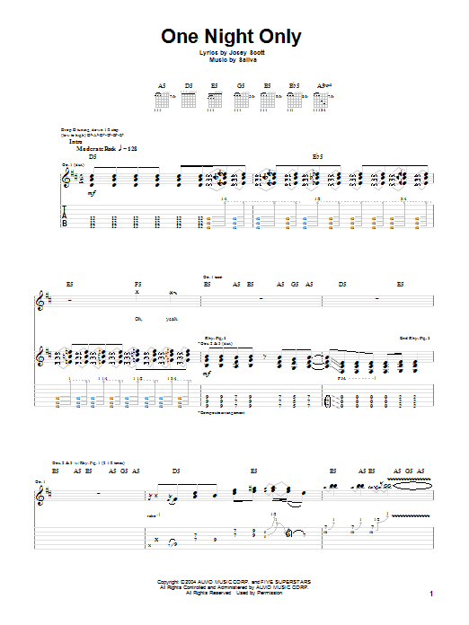 Download Saliva One Night Only Sheet Music and learn how to play Guitar Tab PDF digital score in minutes