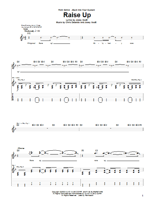 Download Saliva Raise Up Sheet Music and learn how to play Guitar Tab PDF digital score in minutes
