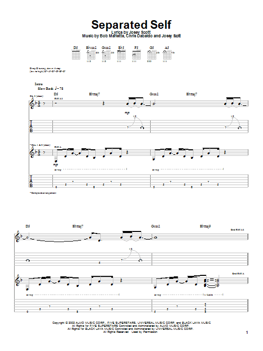 Download Saliva Separated Self Sheet Music and learn how to play Guitar Tab PDF digital score in minutes