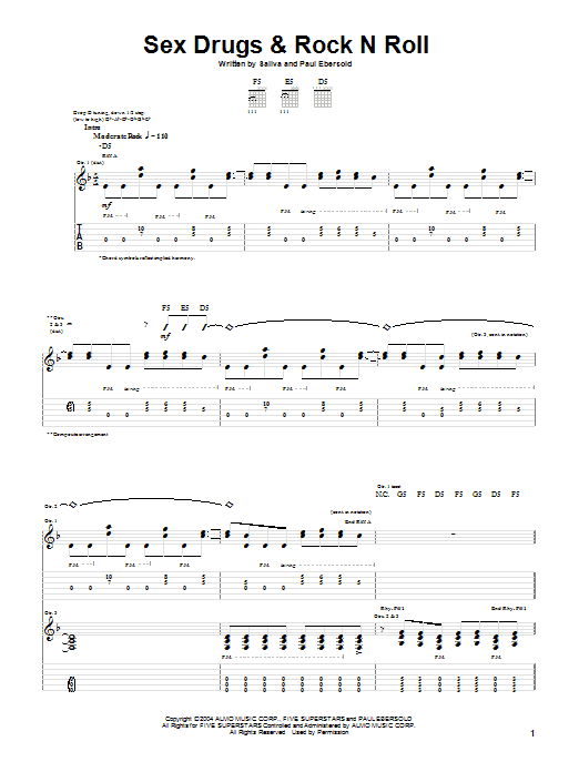 Download Saliva Sex Drugs & Rock N Roll Sheet Music and learn how to play Guitar Tab PDF digital score in minutes