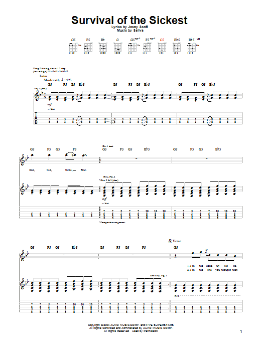 Download Saliva Survival Of The Sickest Sheet Music and learn how to play Guitar Tab PDF digital score in minutes