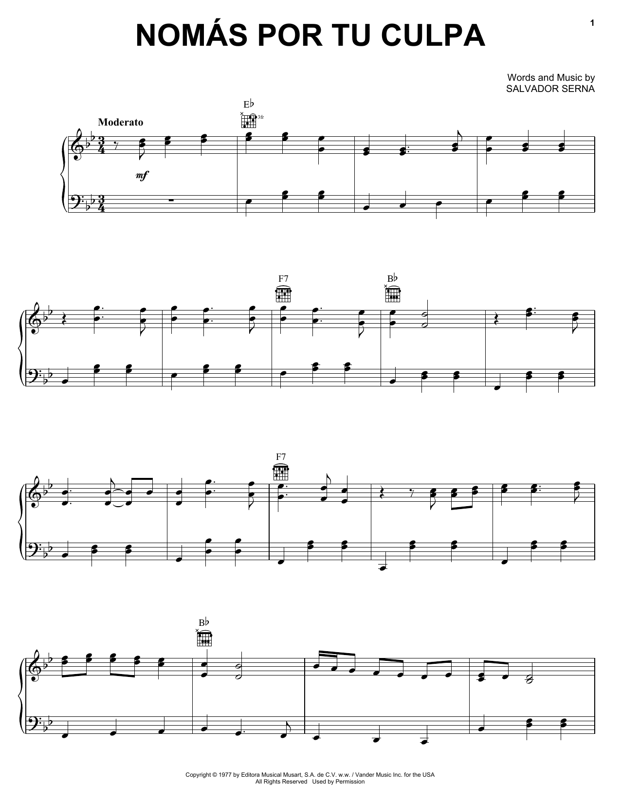 Download Salvador Serna Nomas Por Tu Culpa Sheet Music and learn how to play Piano, Vocal & Guitar (Right-Hand Melody) PDF digital score in minutes