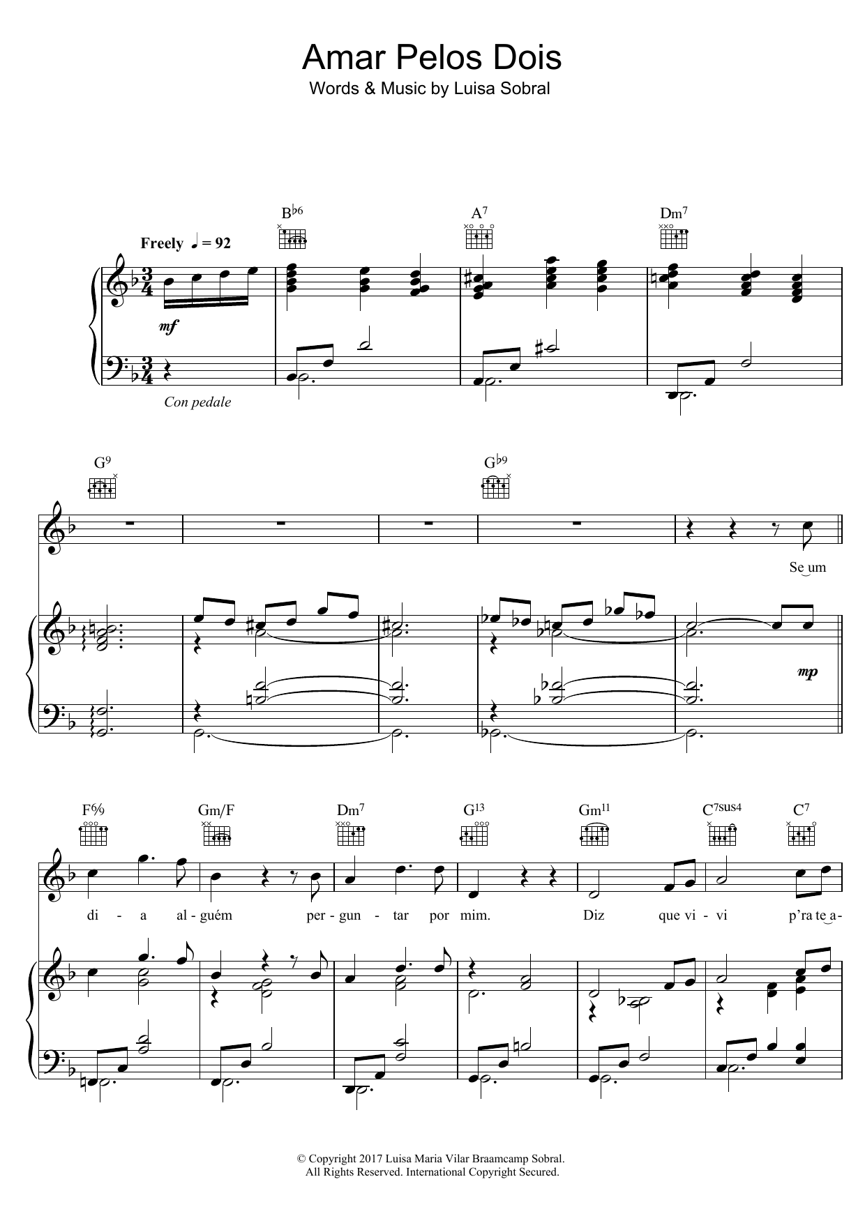 Download Salvador Sobral Amar Pelos Dois Sheet Music and learn how to play Piano, Vocal & Guitar (Right-Hand Melody) PDF digital score in minutes