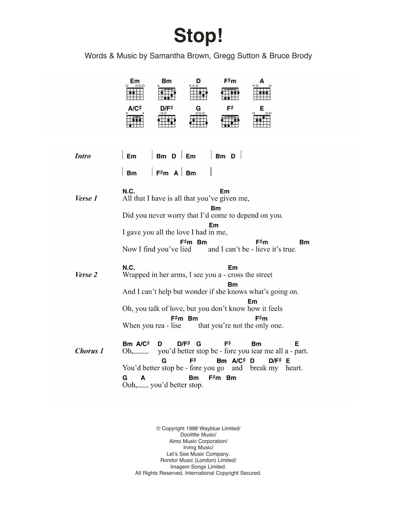 Download Sam Brown Stop! Sheet Music and learn how to play Lyrics & Chords PDF digital score in minutes