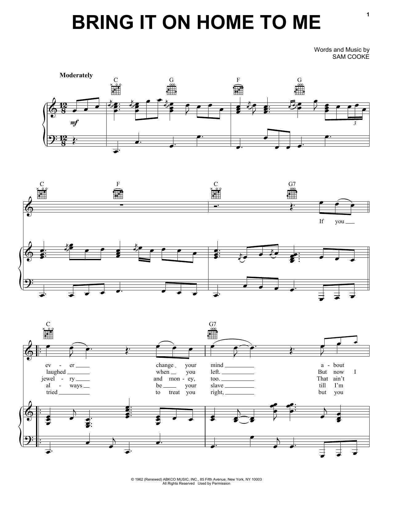 Download Sam Cooke Bring It On Home To Me Sheet Music and learn how to play Piano, Vocal & Guitar (Right-Hand Melody) PDF digital score in minutes