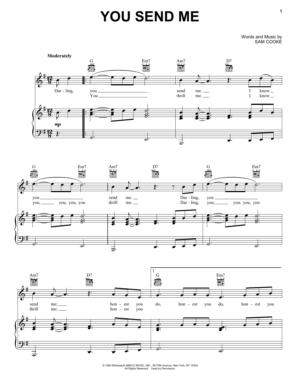 Download Sam Cooke You Send Me Sheet Music and learn how to play Very Easy Piano PDF digital score in minutes