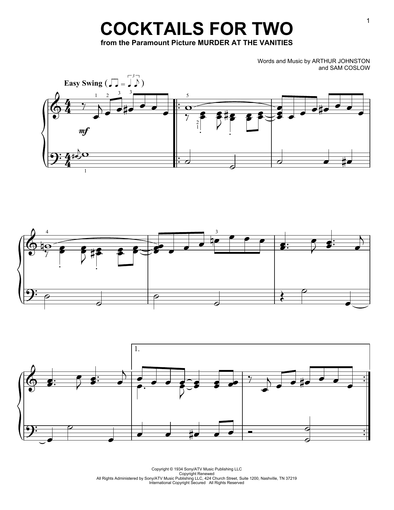 Download Sam Coslow Cocktails For Two Sheet Music and learn how to play Melody Line, Lyrics & Chords PDF digital score in minutes